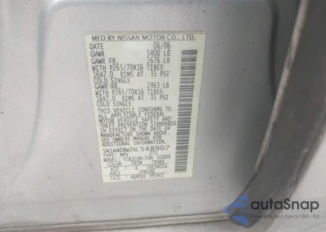 2006 Nissan Xterra Off Road/S/Se из США, поврежденный, VIN 5N1AN08W26C548907